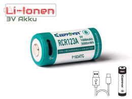 Keeppower RCR123A 3V - 1000mAh z gniazdem ładowania USB-C