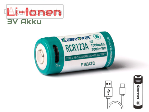 Keeppower RCR123A 3V - 1000mAh z gniazdem ładowania USB-C