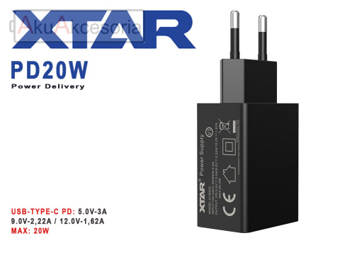 Zasilacz USB-C: XTAR PD20W: 5V⎓3A / 9V⎓2,22A / 12V⎓1,67A 20W