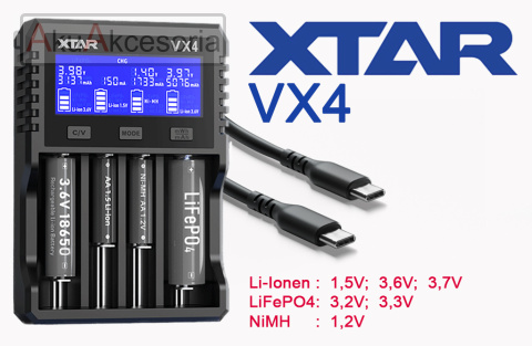 Xtar VX4 Ładowarka do akumulatorów 1,5V 3,6/3,7V Li-Ion & 3,2V LiFePo4 & 1,2V Ni-MH